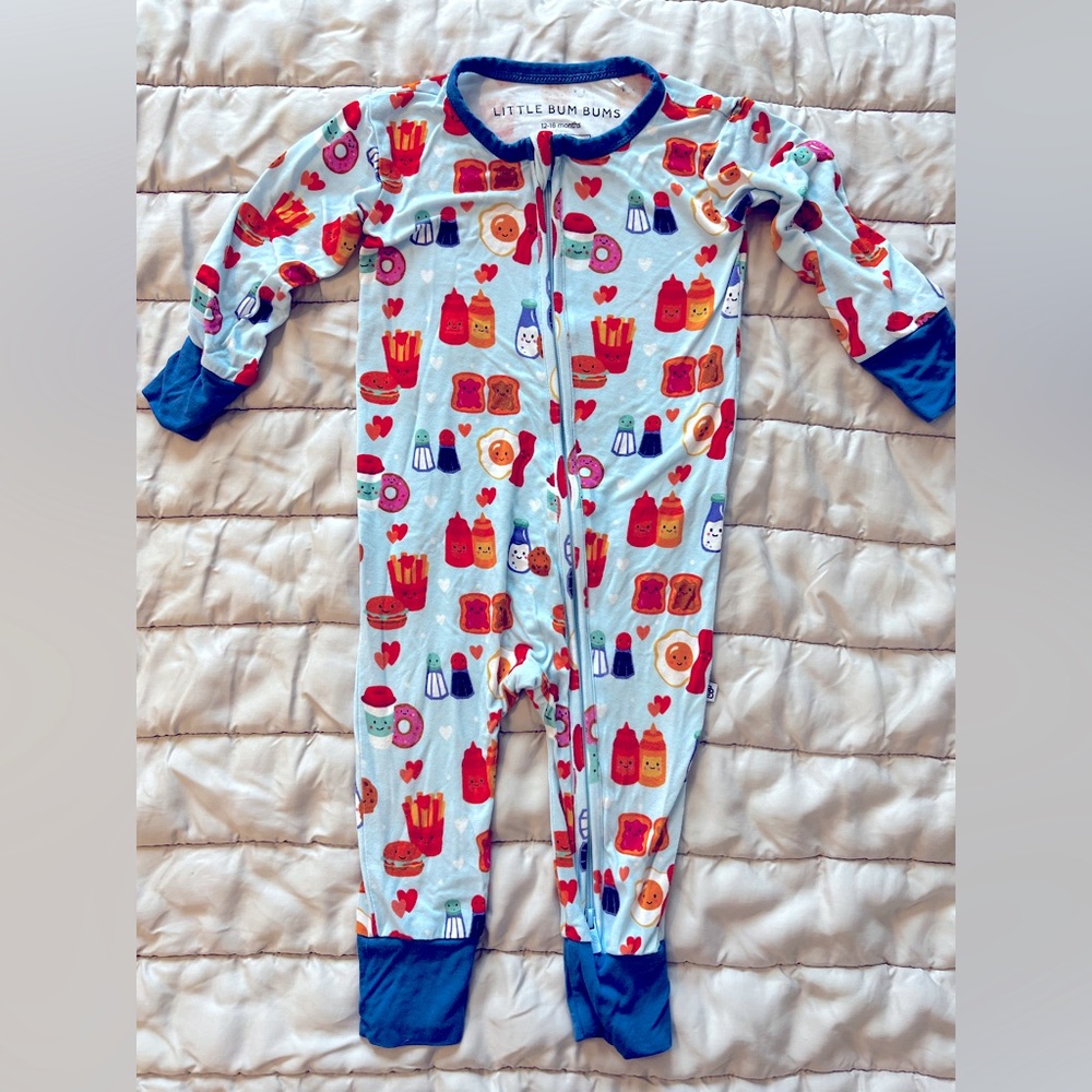 EUC 12-18 zip romper Bums & Roses - Love at First Bite